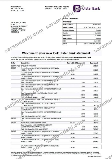 UK Ulster Bank statement Word and PDF template